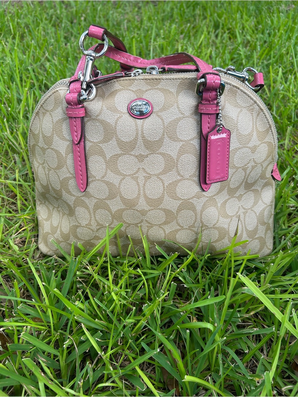 Coach Mini Dome Satchel in Khaki Canvas with Pink Leather Trim